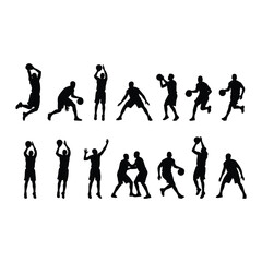 Obraz premium Basketball player silhouette set with action dunk dribble and shoot poses