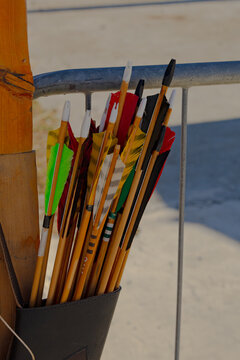 Archery arrows in a quiver for hunting, hobby, and target shooting