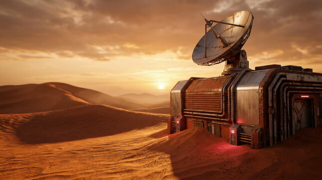 Satellite dish on rusty research base module in desert landscape at sunset, space exploration technology concept