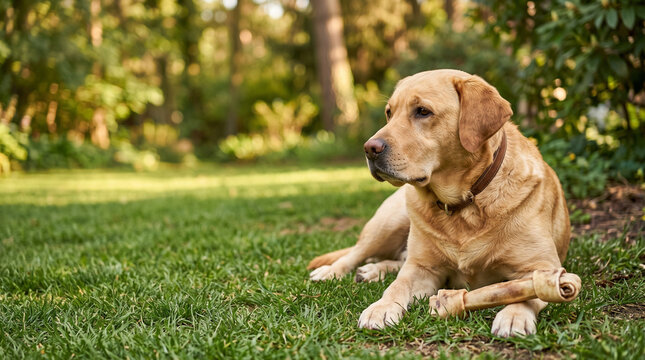 Adult yellow Labrador retriever relaxing on green grass in a garden  
