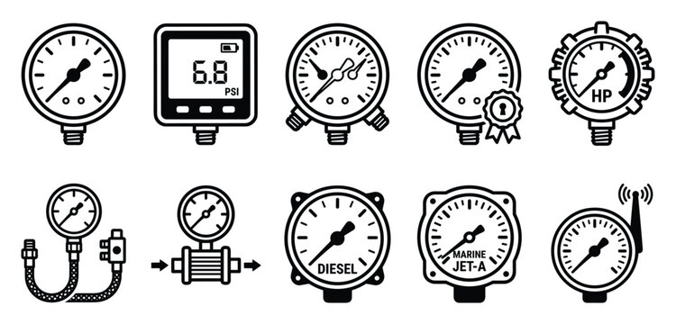 Industrial gauges and meters showing measurement indicators