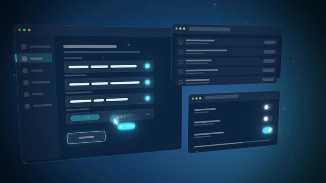 Floating 3D app windows with an AI cursor filling forms seamless loop