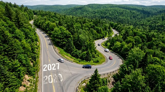 Cars driving on road with 2027 sign