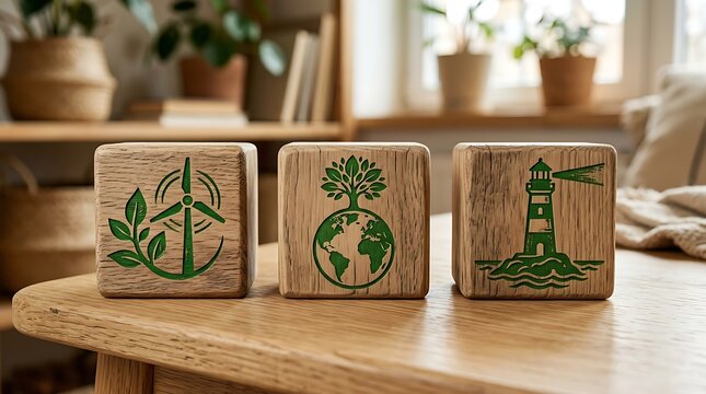 Wooden blocks with green energy icons
