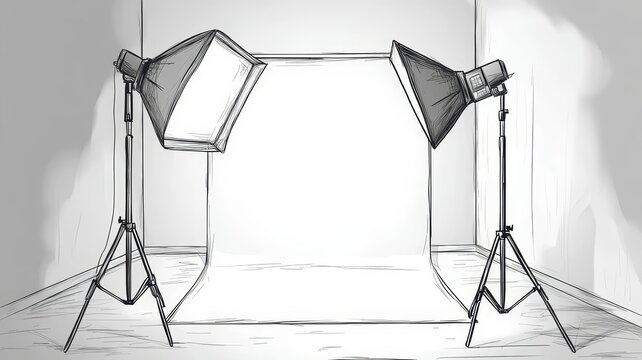 Professional photography studio lighting setup illustration sketch with softbox stands and blank backdrop screen for portrait shooting sessions