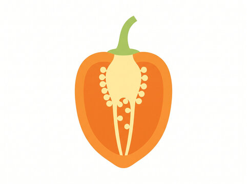 Orange pepper cross section featuring detailed seeds and core structure in clean graphic design.