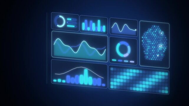Isometric analytics dashboard with blue chart tiles seamless loop