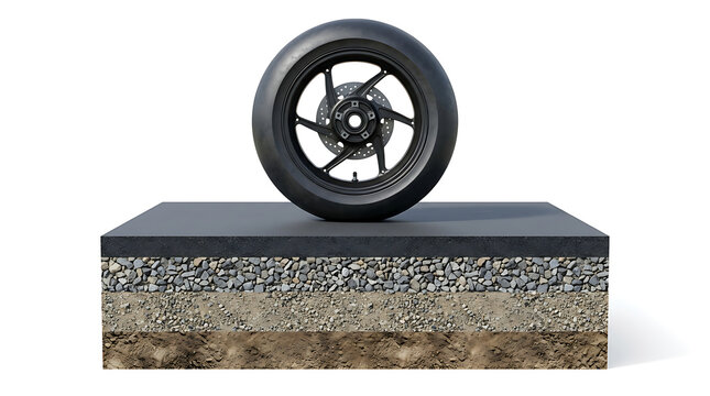 Racing wheel on road pavement layer structure geological cross section
