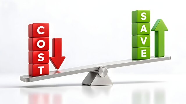 Cost versus savings balance scale concept with red blocks moving down and green blocks moving up demonstrating financial efficiency and economic optimization