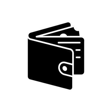 Minimalist wallet icon with cash and cards, black leather wallet symbol for banking, digital payment and financial savings concept
