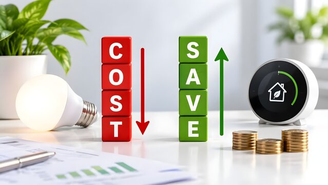Smart home energy cost saving concept with red and green blocks arrows lightbulb coins and eco friendly thermostat for sustainable living