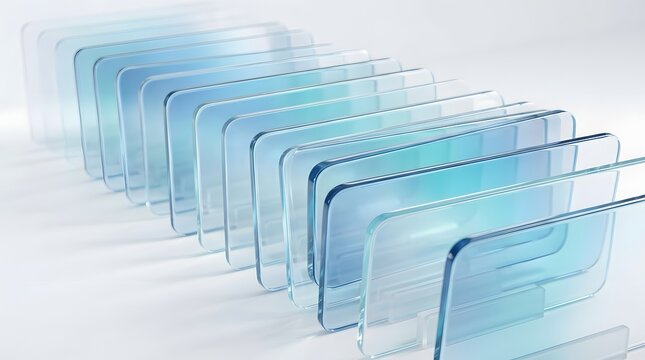 Abstract composition of translucent blue glass rectangular plates arranged in a diagonal row, isolated on white background