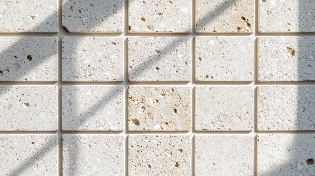 Natural stone tile wall background featuring rectangular travertine textures and sunlight shadows for modern architecture design