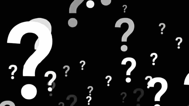 Animated white question mark symbols rising upward on a pitch black background for mystery and problem-solving concepts.