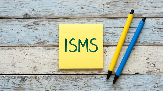 Yellow Sticky Note With ISMS Information Management System Text Next To Two Colorful Pens