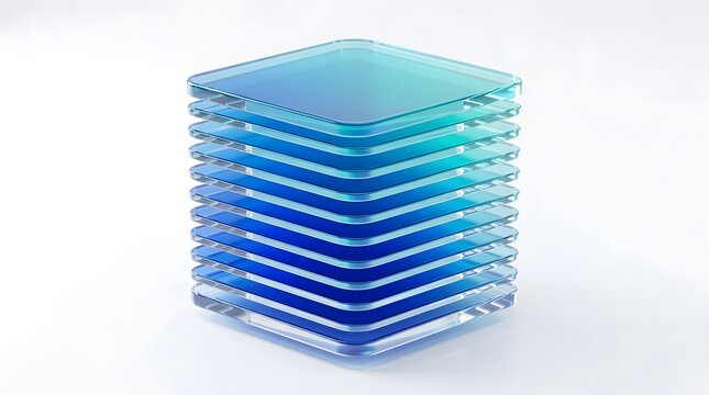 Stack of translucent blue glass square plates isolated on white background