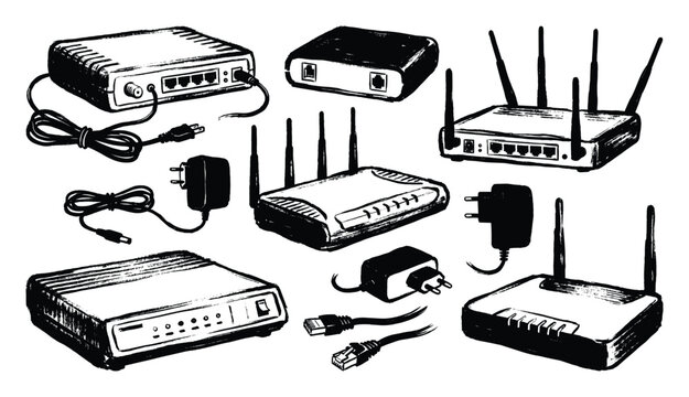 Several different routers and modems with power adapters and cables
