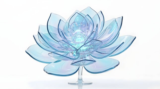 Abstract glass lotus flower sculpture with iridescent blue petals isolated on white background