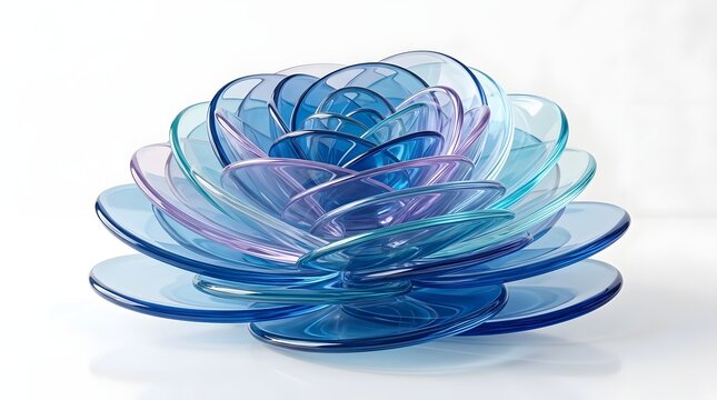 Abstract layered glass flower sculpture with blue and purple petals isolated on white background