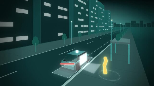 Driverless robotaxi pulling up to a pickup bay on a dark teal street