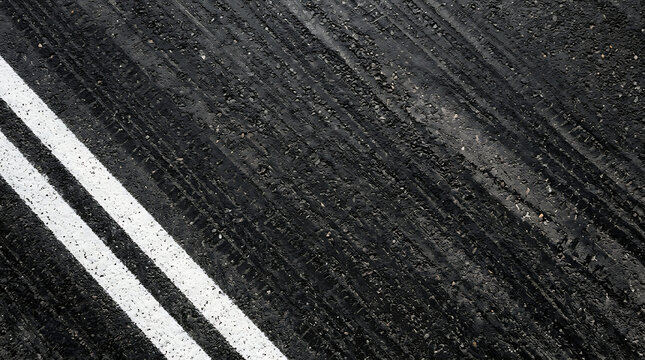 Detailed Overhead View of White Painted Traffic Lines on a Dark Asphalt Road Surface Texture
