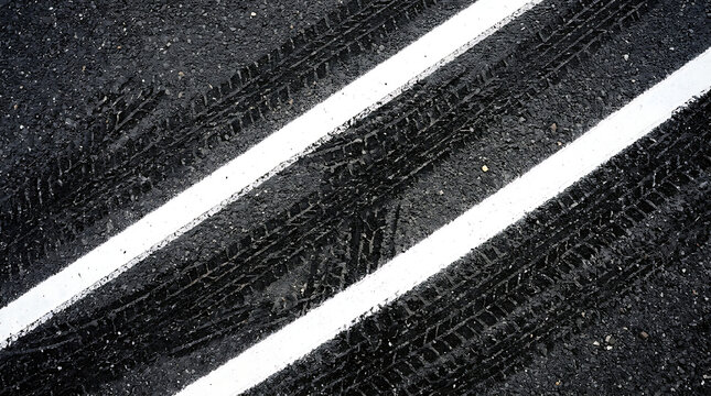 Black tire tracks and skid marks on wet asphalt road with double white lines