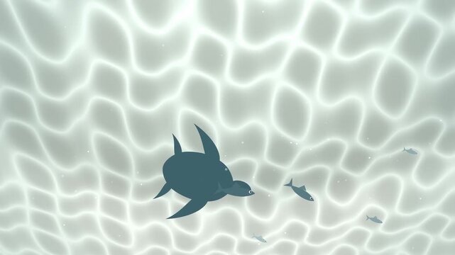 Sea turtle swimming below rippling surface with white caustics