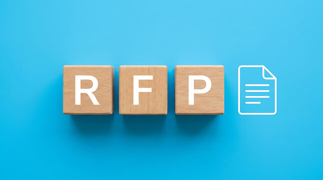 Strategic business communication process concept shown with RFP wooden blocks and a proposal document symbol