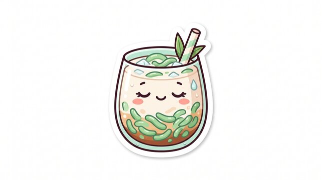 Kawaii cendol drink mascot with pandan jelly and coconut milk, cute Indonesian dessert cartoon sticker