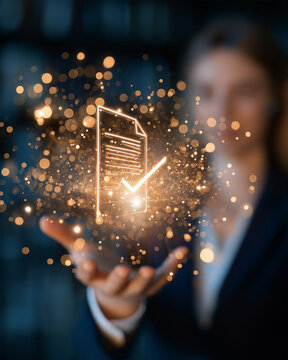Digital Document Verification: A glowing digital document icon with a prominent checkmark floats above a woman's outstretched hand, surrounded by shimmering particles.