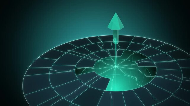 Angled pink arrow dropping toward a circular glass floor on dark teal