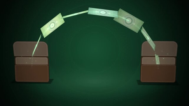 Green banknotes flying in an arc between two brown wallets