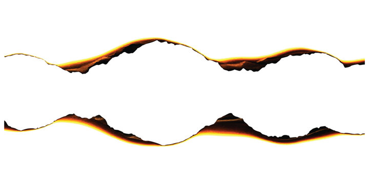 Burnt paper edges with fire flames and dark scorched texture on a horizontal line