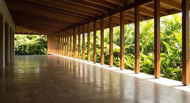 Photograph of a long open sided veranda in a contemporary tropical house, a row of slender square timber columns receding in perspective along the right with a deep overhanging roof above.