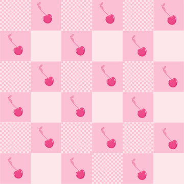Pink plaid with pink vibrant cherry seamless fabric design pattern.eps