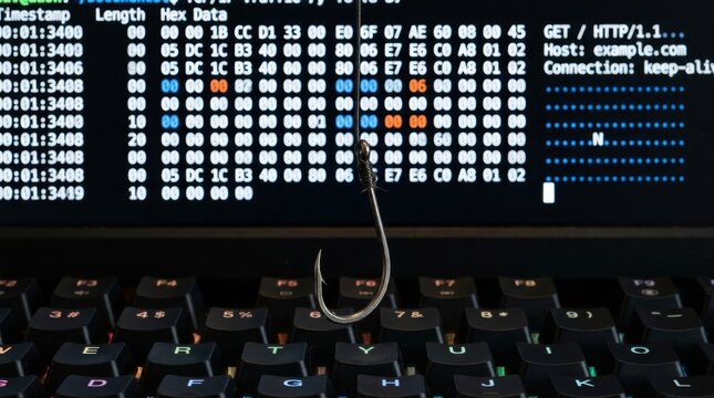Fishing hook suspended over computer screen