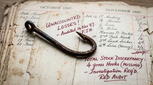 Antique fishing hook on old inventory sheet listing unaccounted losses