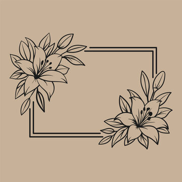 Hand drawn floral frame with lily flowers and leaves line art