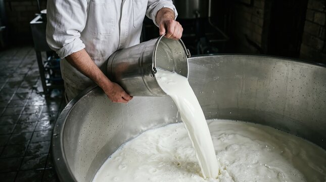 A man in a white work shirt pours fresh milk from a metal bucket into a large stainless steel vat in a dairy production facility. The setting shows industrial milk processing equipment in a...