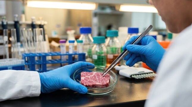 Scientist in blue latex gloves examines cultured meat sample in petri dish within a modern laboratory equipped with chemical flasks and test tubes.