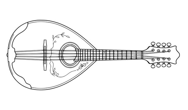 Minimalist Mandolin Black Line Art Musical Instrument Coloring Page Vector