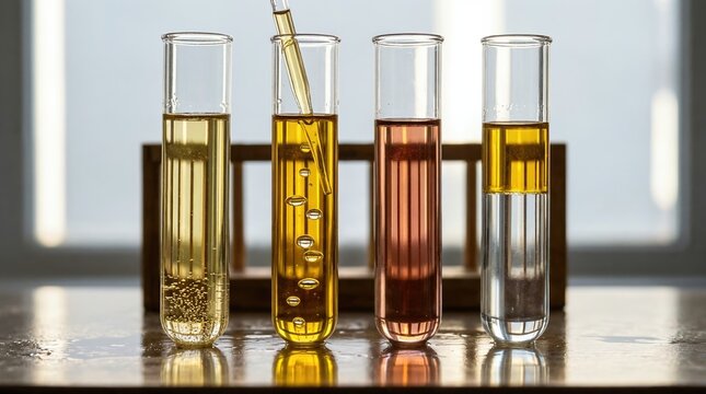 Four glass test tubes filled with liquids of varying colors and densities, arranged in a row on a reflective surface with bright backlighting and a blurred industrial background.