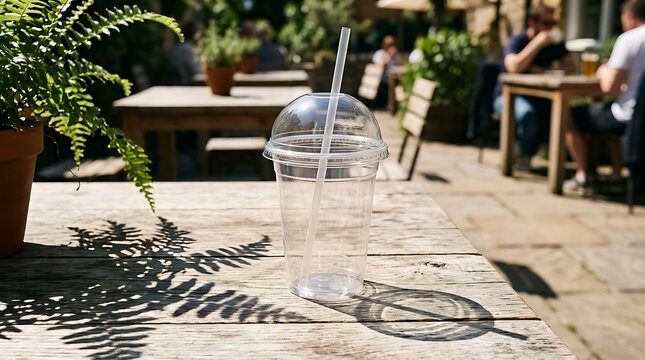 Empty clear plastic takeaway cup with a dome lid and straw standing on a rustic wooden table in a sunny outdoor cafe garden with blurred background and green plant shadows on a bright summer day.