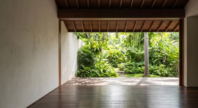 Interior photograph of a minimal tropical pavilion room with one entire wall absent and opening directly onto a dense green garden, the polished dark timber floor reflecting soft daylight.