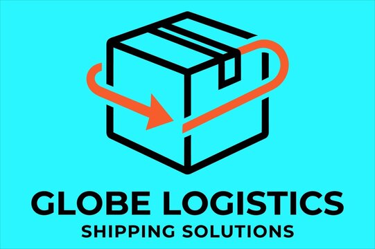 Globe logistics shipping solutions logo design with delivery box and curved arrow box icon supply chain line art logistics shipping delivery transport distribution