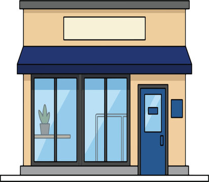 Flat vector illustration of a modern small shop storefront, retail store facade with large glass windows and blue awning.