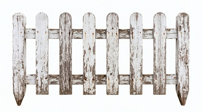 Rustic White Picket Fence Section Isolated on White Background.