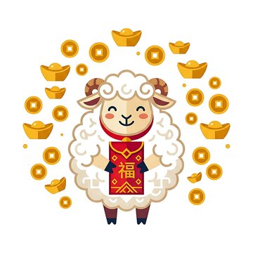 Cute sheep character holding a red packet with traditional Chinese gold coins and sycee for Chinese New Year