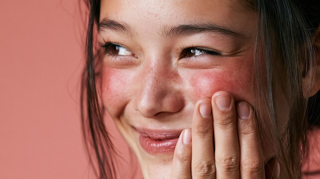 Young woman with reddened cheek and sensitive skin touches her face against a coral pink background. She exhibits visible irritation or discomfort, relevant to skincare and dermatology topics.