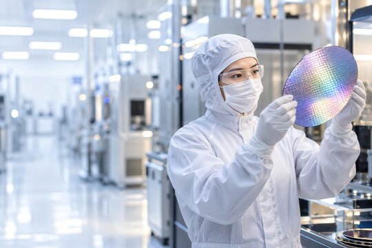 Technician in protective cleanroom clothing holds a silicon wafer under bright light during semiconductor quality inspection